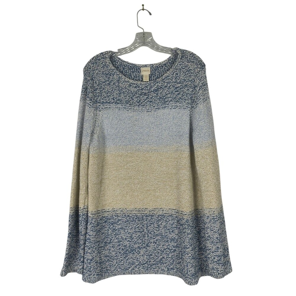 Chico's Sweater Women's L Blue Cream Striped Knit Metallic Long Sleeve Pullover